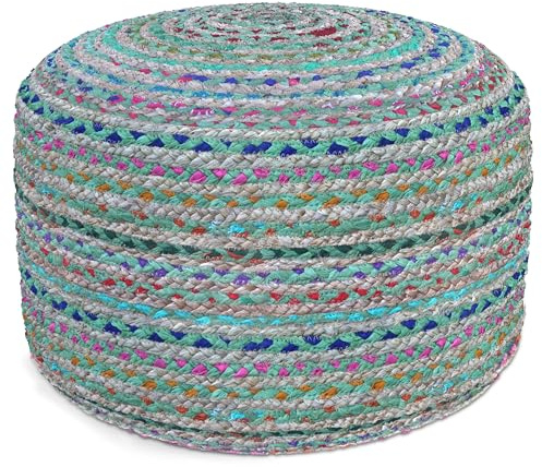 SIMPLIHOME Margo Round Pouf - 20 inch Wide Handwoven Jute and Cotton Braided Ottoman in Green, Boho-Style Footstool or Extra Seating for Living Room or Bedroom with Polystyrene Bead Filling, Assembled
