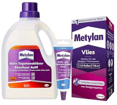 Metylan Vlies, Tapetenkleister für Vliestapeten (1x720g) & Metylan Naht- und Reparaturkleber (1x60g) & Metylan Tapetenablöser Aktiv-Konzentrat, löst problemlos (1x 1l)
