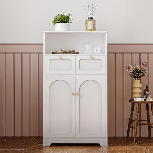 Hzuaneri Badezimmerschrank, Aufbewahrungsschrank mit 2 Schubladen & 2 Türen, Verstellbare Ablage, offene Lagerung, für Wohnzimmer, Schlafzimmer, Küche, Flur, Weiß SC18203X