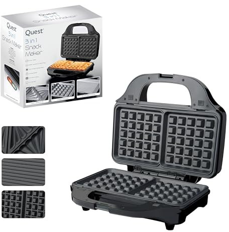 Quest 37530 3-in-1 Snack Maker/Waffle Maker, Sandwich Toaster & Panini Press Grill/Easily Removable Non-Stick Plates/Auto Temperature Control / 900W