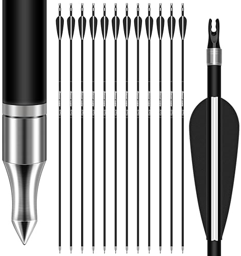 Sunya Flechas de Caza Arco Compuesto y Arco recurvado. Eje de Carbono de 30 Pulgadas, Espina 400/500 con Puntas Removibles. Paquete de 12 Unidades (Negro, Spine 500-30Inch)