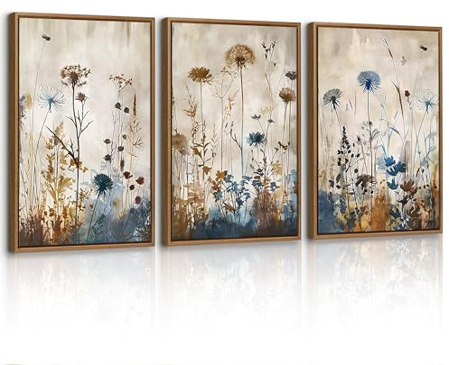 3 st minimalistiska växter maskros canvasbilder med ramset, blå, bruna blommor botaniska väggbilder nordisk rustik stil bild på duk dekoration för vardagsrum sovrum kontor 40 x 60 cm