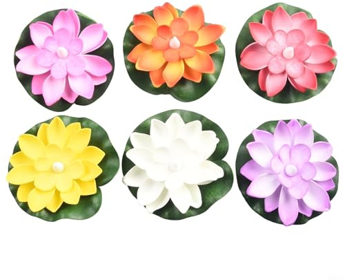 TONIXY Lot de 6 faux nénuphars flottants en mousse PP pour jardin, étang, piscine, aquarium, décoration de paysage d'eau (LED colorée)