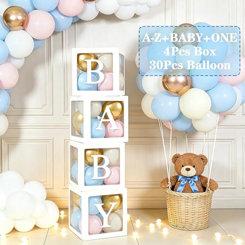 Babyparty dekoration flicka pojke, 4 babylådor med 30 rosa blå guld vita ballonger och 33 bokstäver (ONE + BABY+A-Z), ballongboxningsset för babyshowerparty kön reveal dekoration, födelsedagsfest