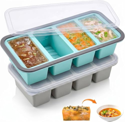 Dexpally Set di 2 Contenitori Silicone per Freezer, Senza BPA 4 Cavità Contenitore Ghiaccio Freezer con Coperchi per Zuppe, Brodo, Salse e Cubetti Di Ghiaccio (1000 ml)