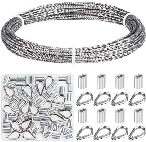 Favordrory Cable Railing Kits Includes 1/16 Inch x 33 Feet 304 Stainless Steel Wire Rope Cable, 50 Pieces Aluminum Crimping Sleeves and 12 Pieces Thimble for Railing, Decking, Picture Hanging