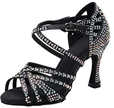 MGM-Joymod Sandali da Ballo da Donna Aperti in Punta con Cinturini Incrociati e Strass Ideali per Feste Matrimoni Balli Latini Moderni e Tango, Nero A Tacco da 9cm, 38 EU