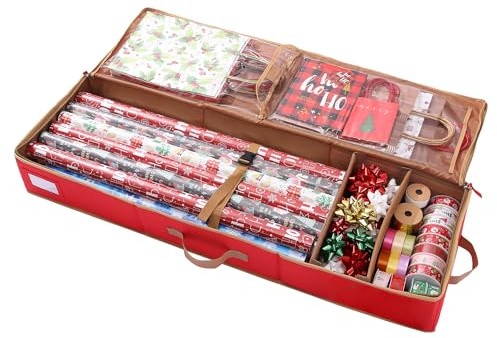 Sattiyrch Gift Wrapping Paper Storage containers,600D Oxford Fabric Christmas Ribbon Gift Bag Bows Storage Box,Holds up to 20 Rolls,42W x 14D x 5.5H (Red)