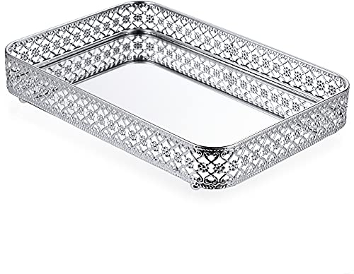 BSTKEY 30x20cm Vanity Mirror Tray Jewelry Trinket Tray, Decorative Tray for Cosmetic Makeup Dresser Bathroom Bedroom Countertop Organizer (Silver)