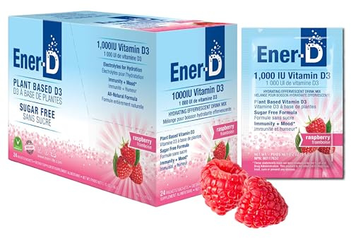 Ener-D Sugar Free Multivitamin Drink Mix - Vitamin D3 Powder for Water, Electrolytes Powder No Sugar, Hydration Boost Packets, Zero Sugar, Vitamin D3 Supplement Liquid Mix - Raspberry, 24 Count