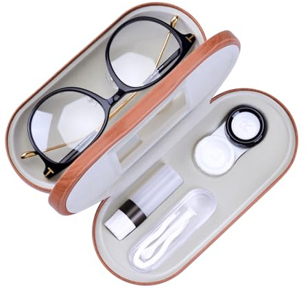 Muf 2 in 1 Contact Lens Case and Glasses Case, Double Sided Design with Mirror, Portable Travel Kit with Tweezer, Remover and Solution Bottle, Walnut Wood