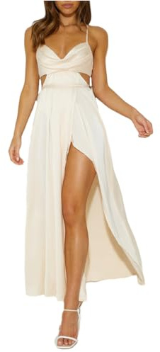 MQCVC Women's Satin Cowl Neck Backless Maxi Dress Sexy Tie Back Spaghetti Strap Ruched Wedding Guest Slit Long Dresses Champange