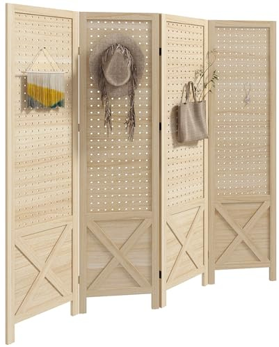 HOMCOM 4 Panel Pegboard Display Room Divider, 4.7' Tall Wood Folding Privacy Screen, Partition Wall Divider for Home Office, Natural