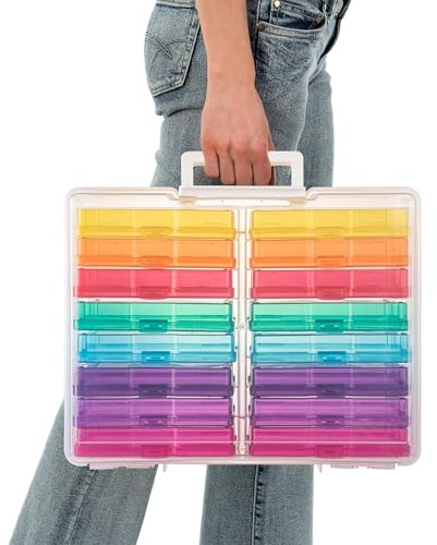 CraftGenes Photo Storage Box, Colorful 16 inner 4''×6'' Plastic Storage Containers with Handle for Photos, Pictures, Craft, Sewing Supplies, Card Organizer&Sticker Storage