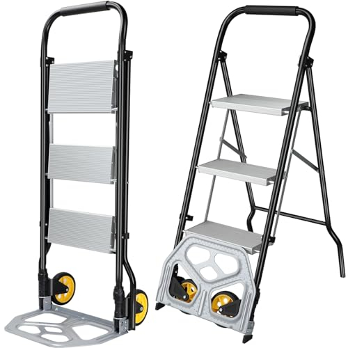 POWSTR Carretilla Plegable & Escalera 3 Peldaños,2 in 1 Aluminio Carretilla de Carga con Ruedas Plegables para Llevar Equipaje,La Taburete Escalera Plegable Tiene Pedales y Puede Soportar 100 kg