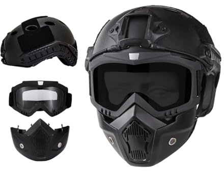 Casco táctico de airsoft y máscara completa con gafas de seguridad desmontables con soporte NVG delantero y riel lateral PJ FAST Helmet