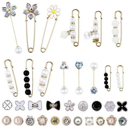 Naturahand 34 Pcs Pearl Brooch Pins, Decorative Safety Pins for Clothes Hat Dress Decoration Accessories Pant Tighteners for Waist Women