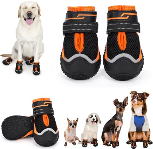 Dog Shoes for Hot Pavement,Dog Boots & Paw Protectors for Large Medium Size Dogs to Prevent Licking,Dog Booties with Reflective for Outdoor,Hiking,Hardwood Floors,Winter Snow(Black Orange,Size1)