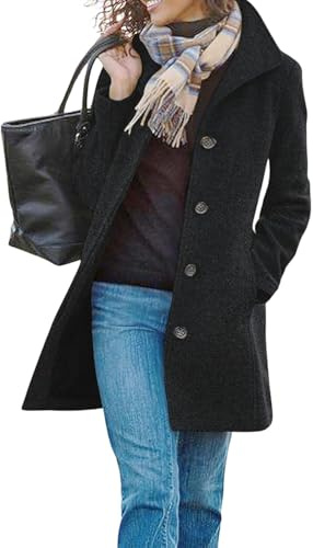 yoeasy Abrigo casual de mezcla de lana gruesa para mujer, cuello alto, botonadura única, abrigo de invierno de longitud media