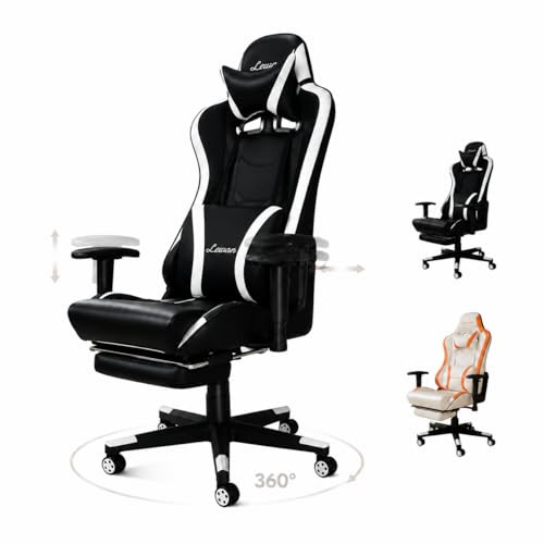 LEVSON Gaming Chair for Adults, Video Game Chairs with Lumbar Support, Height Adjustable Computer Chair, Ergonomic Office Chair with Footrest, 360° Swivel & Headrest for Home (BLACK&WHITE)