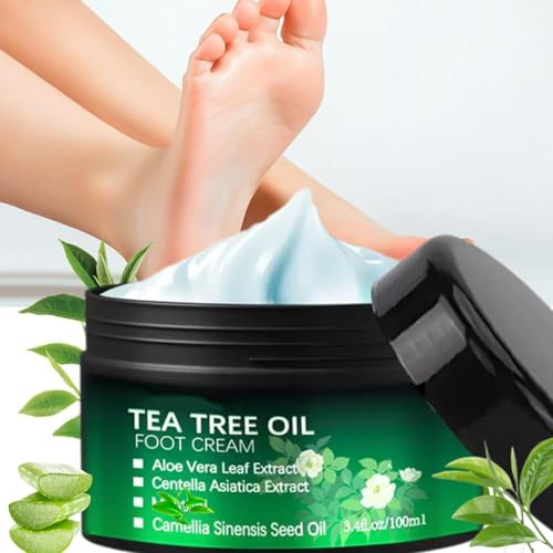 Tea Tree Oil Foot Cream for Cracked Heels, Dry Skin & Odor Control - Intensive Moisturiser with Camellia Seed Oil & Aloe Vera - Callus Softening Cream for Hard Skin, Feet & Hands - 100ml