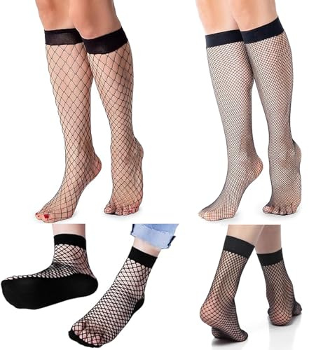 THXFUNAREA 4 Paires Bas Résille pour Femme Bas Mollet en Maille Noir Chaussettes Cuisses en Maille Transparentes Chaussettes Montantes en Maill e Ba s Creux Transparents pour Femme