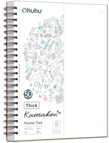 Ohuhu Cuaderno de Dibujo A4 - Sin Traspaso, Papel Extra Grueso Mejorado 280 g/m² – 50 Hojas (100 Páginas) Usables por Ambos Lados – Encuadernación en Espiral – Para Rotuladores Alcohol