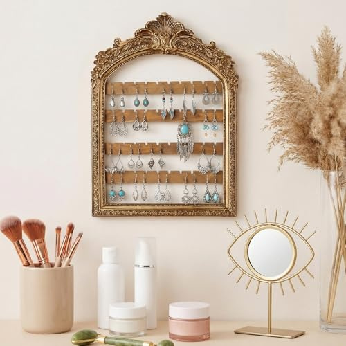 Fiwochic 1 Pcs 10 x 6.9'' Wall Hanging Earring Holder Organizers Vintage Arched Frame 4 Layer Wall Mounted Jewelry Holder Decorative Retro Baroque Stud Earring Display (Gold)