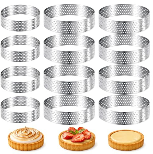 ZestEcho 12 Piezas Moldes Perforados Tartaletas, Moldes Tartaletas 8 cm y 6 cm, Aros para Tartas y Molde Reposteria en Acero Inoxidable 430 para Quiches, Mini Tartas, Mousses y Postres