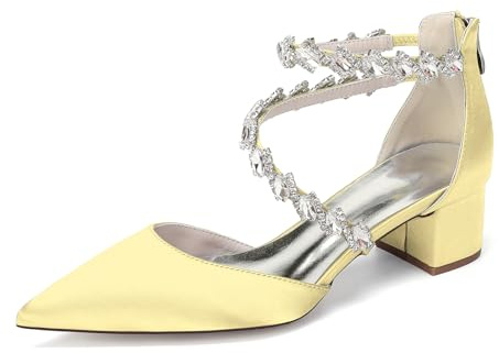 Generico Scarpe da Sposa in Raso con Tacco Blocco per Donna, Decolleté a Punta Stretta con Doppia Cinturino di Strass, Calzature Comode per Serate,Giallo,35 EU