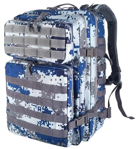 HEMSO Grand Sac à Dos Militaire 45L,Sac de Voyage Système MOLLE,Sac Crossfit de Sport pour Randonnée Trekking Moto Camping Voyage Pêche Alpinisme École (Camouflage bleu)