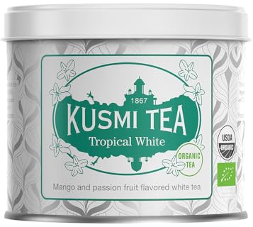 Kusmi Tea - Tropical White - Bio-Mischung aus weißen und grünen Tees mit Mango und Passionsfrucht - aromatisierte weißer Tee - Heiß oder als Eistee genießen - 100g Metalldose für etwa 50 Tassen