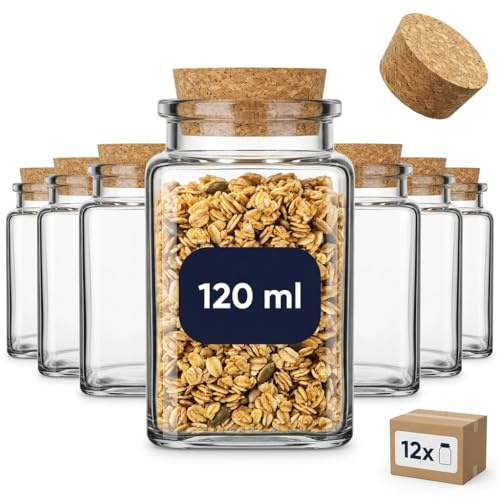gouveo Set de 12 frascos para especias altos cuadrados (0,12 l) con corcho a presión de vidrio transparente para sal hierbas té y organización (PC-12)