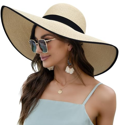 Naivlizer Women Wide Brim Sun Hat UPF50 Straw Summer Hat Floppy Beach Hat Roll-Up,Beige
