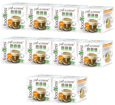 foodNess - 10 Box da 10 Capsule di Ginseng, Capsule Compatibili con Sistema Lavazza A Modo Mio, Solubile per Caffè con Estratto di Ginseng, Senza Glutine, Additivi, Lattosio e Zuccheri Aggiunti