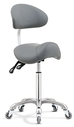 Tabouret de Selle à roulettes avec Soutien Dorsal, esthéticienne, Tatouage, Dentiste, Chaise de Cils pour Salon de Massage des Cils (Gris, avec Dossier)