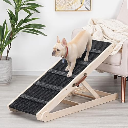 Dog Ramp for Bed - Foldable Small to Large Dog Ramp for Couch - 6 Adjustable Height from 30.5 to 61cm - Stairs with High Traction Mat - Wooden Portable Ramp for Dogs to Get on Bed Couch Car Up to 90kg