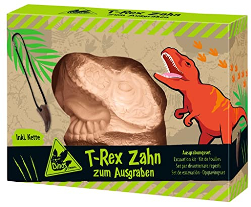 moses 4033477402523 T-Rex Zahn zum Ausgraben, Ausgrabungsset mit Dinosaurierzahn und Vulkansteinen, inkl. Kette und Ausgrabungswerkzeug, Dinosaurierfans, Mittel, Rotbraun