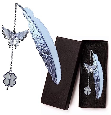 FAMIDIQGO 1 Pcs Marque-Page, Papillon Lumineux Plume Trèfle à Quatre Feuilles avec Boîte Cadeau, Donnez des Ailes à Votre Lecture, Cadeau pour Parents et Amis (Argent)