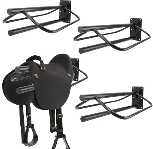 HDYEGY 4 Pack Saddle Rack with Pad Bar,Heavy Duty Wall Mounted Saddle Stand Saddle Pad Rack for English Western Saddles Horses Blanket,Black
