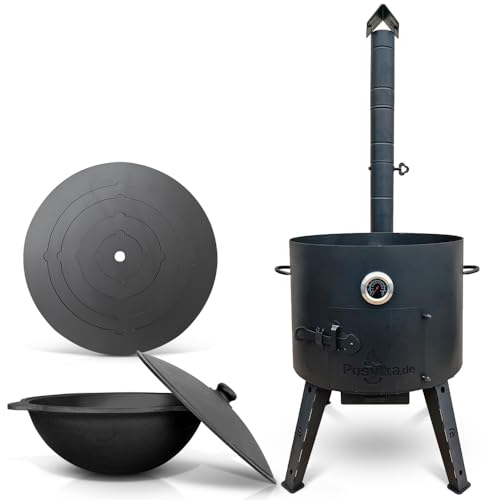 Utschak Uchag - Hornillo de fuego (49 cm de diámetro, 2 mm, acero, 4 mm, Kazan, 22 L, base redonda con termómetro)