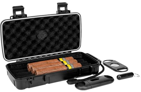 Linkidea Set di custodie per sigari da viaggio, umidificatore portatile con tagliasigari ad anello, taglio a V e punzonatrici, impermeabile e ermetico, regalo per uomo (nero), Nero , moderno