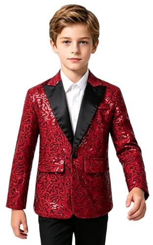 Loodgao Boys Sequin Blazer Kids Glitter Jacket for Wedding Party Stage Performance and Dance Costume Burgundy 11-12 Years