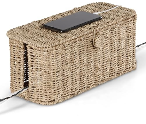 BLUEWEST Large Cable Management Box, Natural Rattan Cable Cord Organizer Boxes for Power Strip – 2 Open Slots Cords Hider Box for TV Wires, Computer, Router, USB Hub and Under Desk Power Strip