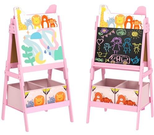 AIYAPLAY Pizarra Infantil Caballete 2 en 1 Doble Cara con Pizarra Blanca 2 Cestas de Almacenamiento Caballete Pintura Niños con Estampado de Animales 53,5x49x113 cm Rosa