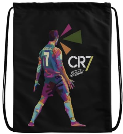 EZB Football Legend Ronaldo CR7 Drawstring Bag | 36x30cm Midi Sized Backpack | Multi-Use: Sports Kits, PE Kits, Gym, Lunch, Holiday, Beach, Soccer Pump Bag | CR7 Black Bag