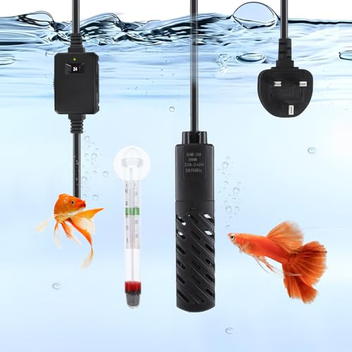 Small Aquarium Heater, 30W Fish Tank Heater with External Temperature Controller, Submersible Aquarium Heaters with 1x Suction Cup Water Thermometer for 15L Fish Tank (Range: 20°C-34°C/68℉-93℉)