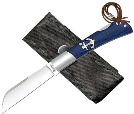 Tiendas LGP- Albainox - Navaja Marinera, Pico Loro, Plegable, Acero INOX. Hoja de 8 cm. Mango de Stamina Azul, Sistema de bloqueo Back Lock, Hueco con cordón fiador incluido, con Funda, 18985-F