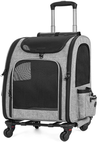 OUUTMEE Sac à Dos à roulettes pour Chiens et Chats Jusqu'à 15KG, Poussette de Voyage pour Animaux, Sac à Dos pour Chien 3 en 1 avec Maille Respirant, Trolley pour Petit et Moyen Chats/Chiens (Gris)