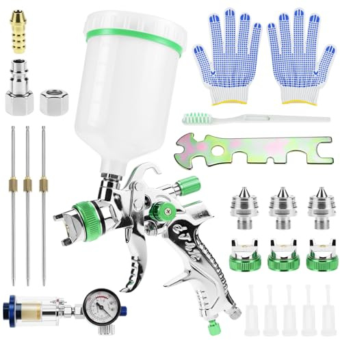 QWORK® HVLP Pistola de Pintura Kit, Pistola de pulverización Pintura con 4 boquillas y Vaso de plástico de 600 ml, para Coche, Madera, Paredes